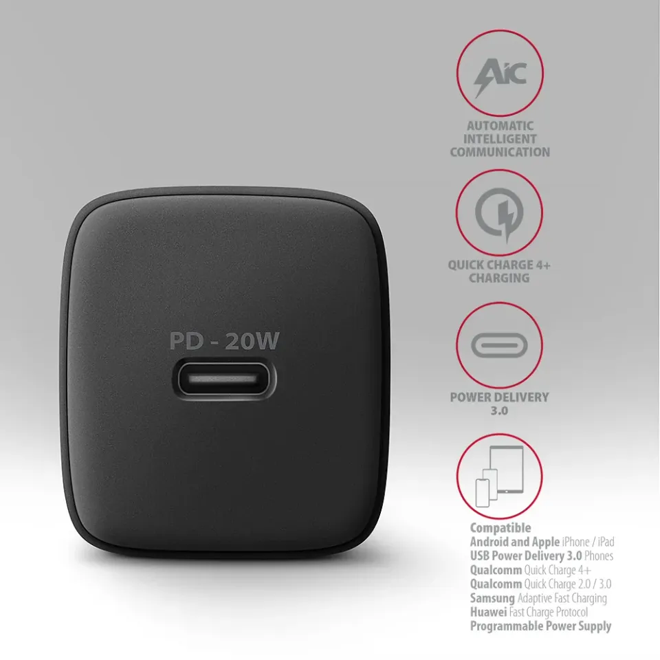 AXAGON ACU-PD20, nabíječka do sítě 20W, 1x port USB-C, PD3.0/PPS/QC4+/AFC/Apple,