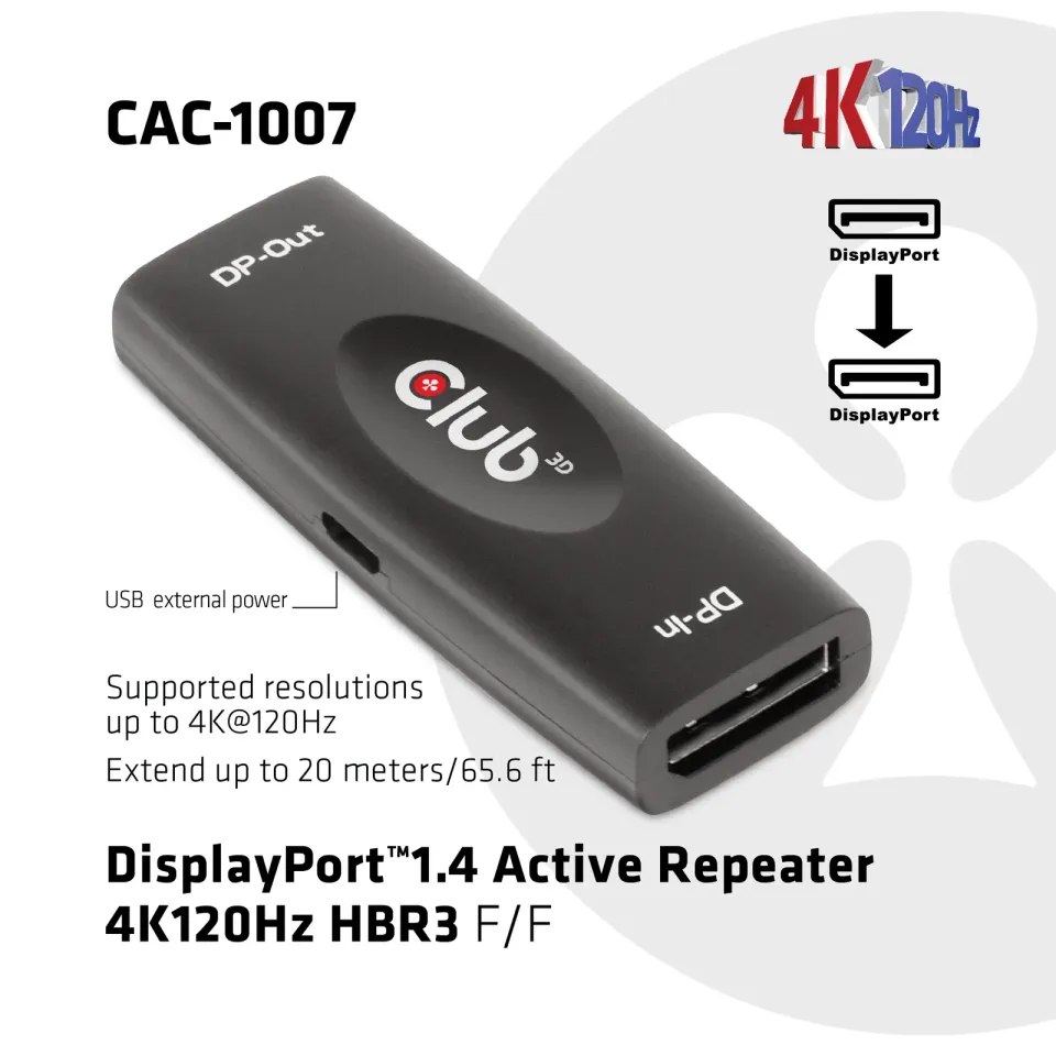 Club3D Adaptér aktivní DisplayPort 1.4 Repeater 4K120HZ HBR3 (F/F), černá