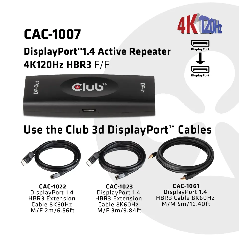 Club3D Adaptér aktivní DisplayPort 1.4 Repeater 4K120HZ HBR3 (F/F), černá