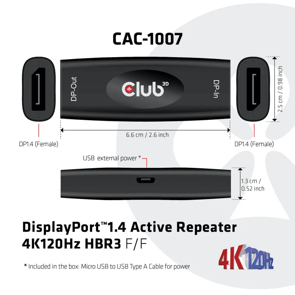 Club3D Adaptér aktivní DisplayPort 1.4 Repeater 4K120HZ HBR3 (F/F), černá