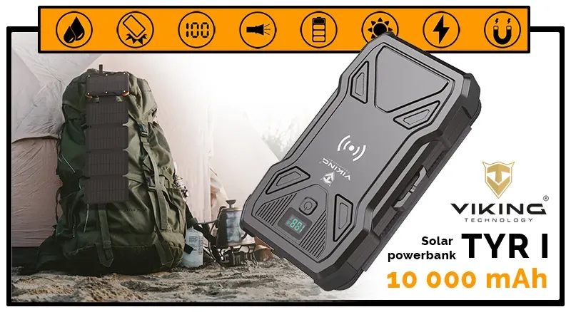 Viking solární outdoorová powerbanka TYR I 10000 mAh, bezdrátové nabíjení