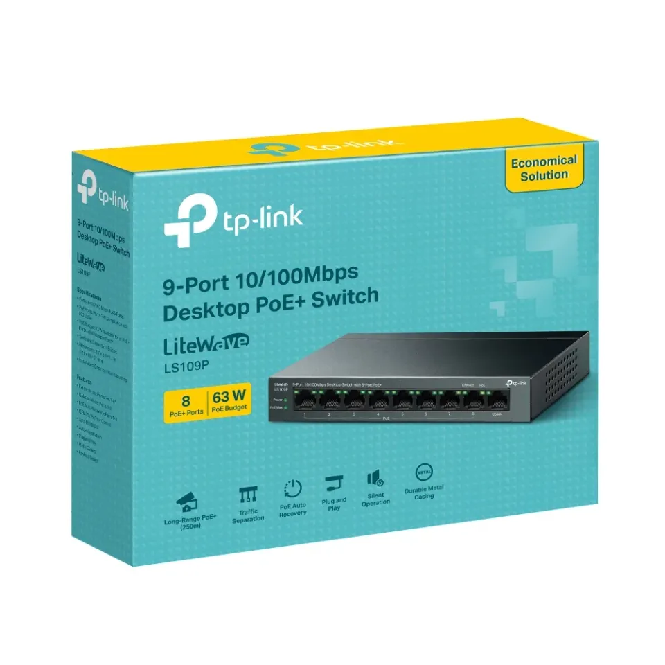 TP-LINK LS109P 9portový 10/100Mbit/s stolní switch s 8 porty PoE+