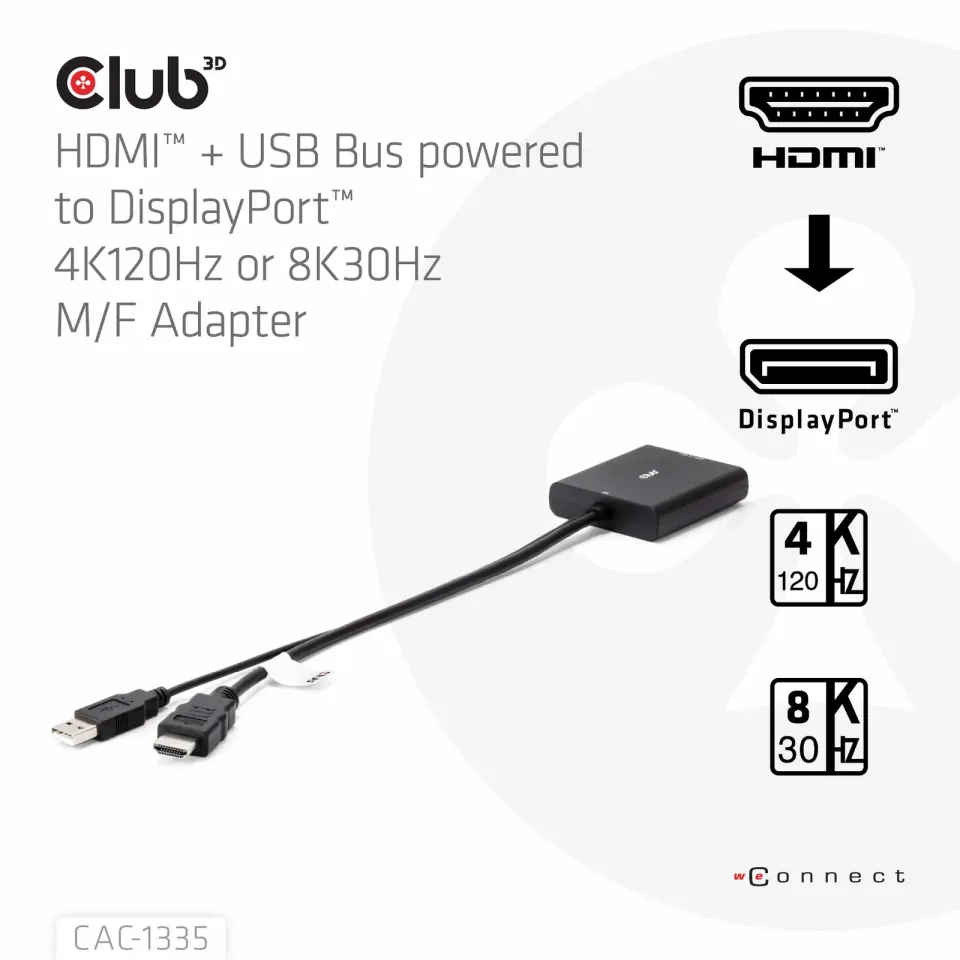 Club3D Adaptér HDMI + Micro USB na DisplayPort 4K120Hz/8K30Hz, Active Adapter M/F