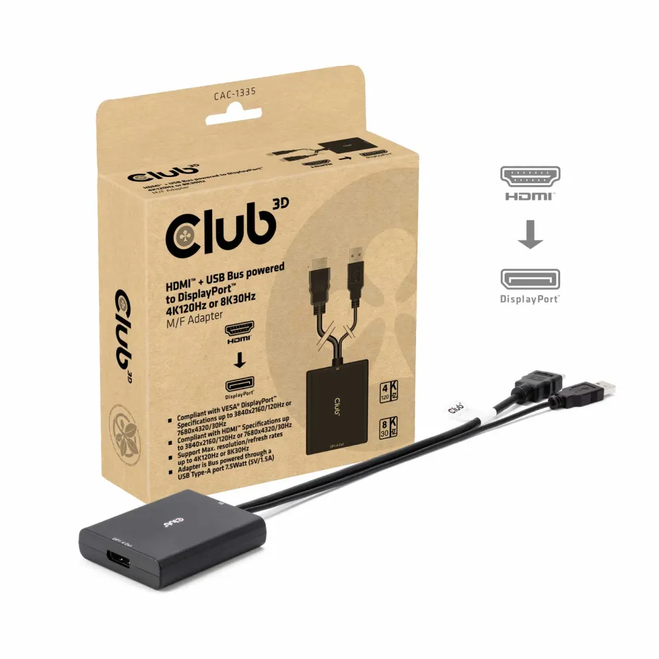Club3D Adaptér HDMI + Micro USB na DisplayPort 4K120Hz/8K30Hz, Active Adapter M/F