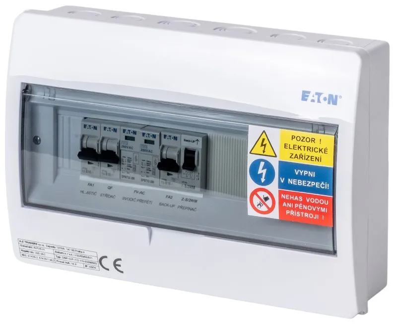 Solarmi ACZ1 osazený rozvaděč pro fotovoltaiku, jističe, chránič, 3,7kW 1f, backup