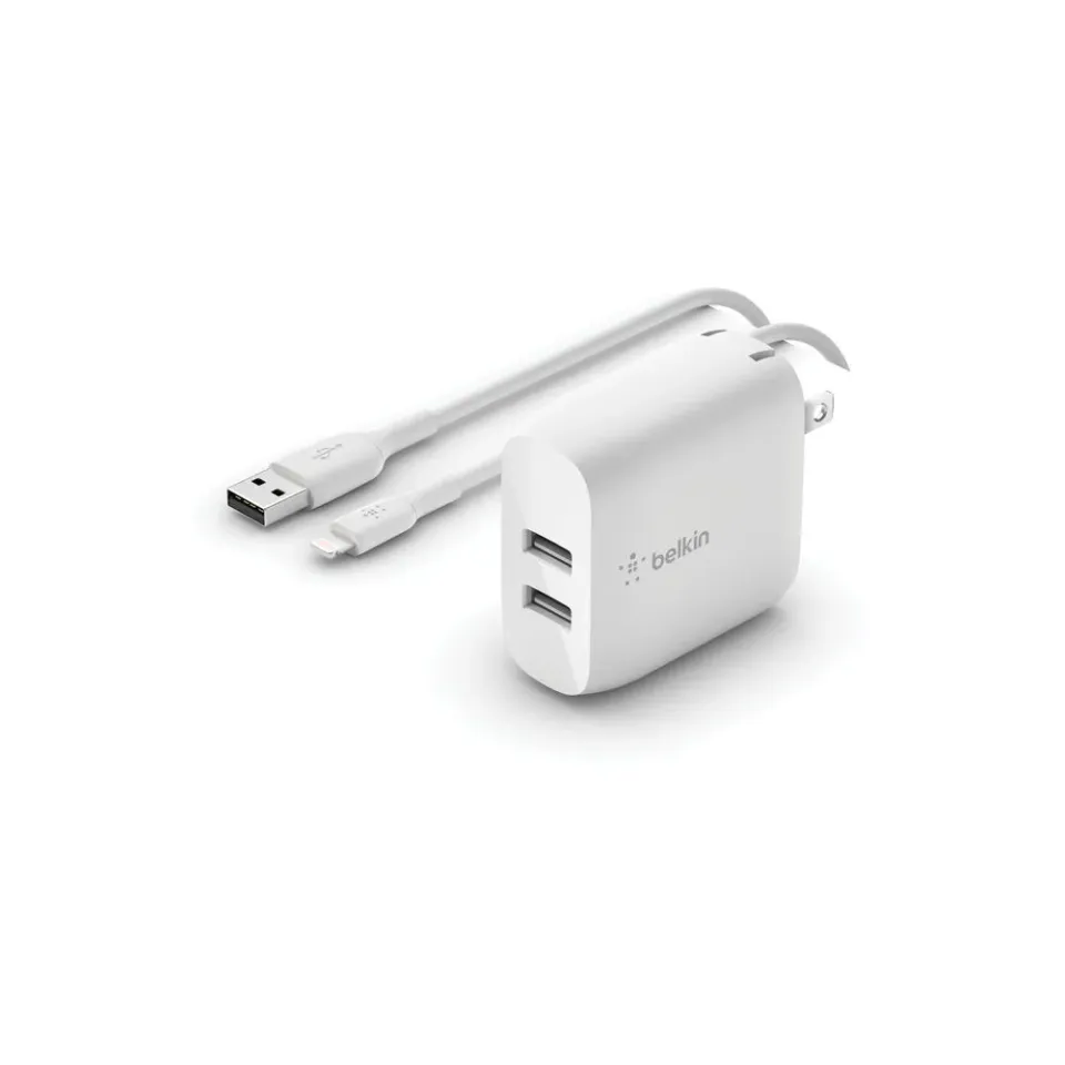 Belkin BOOST CHARGE Duální 24W USB-A nástěnná nabíječka + 1m lightning kabel, bí