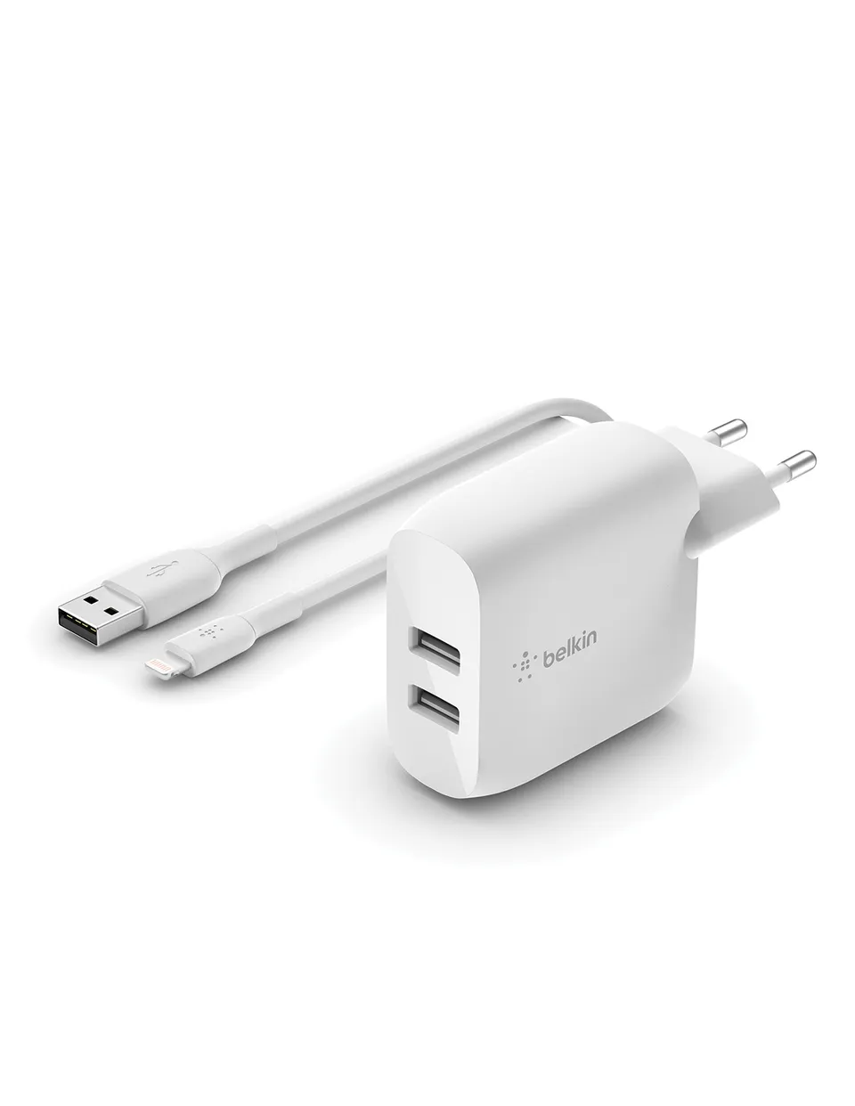 Belkin BOOST CHARGE Duální 24W USB-A nástěnná nabíječka + 1m lightning kabel, bí