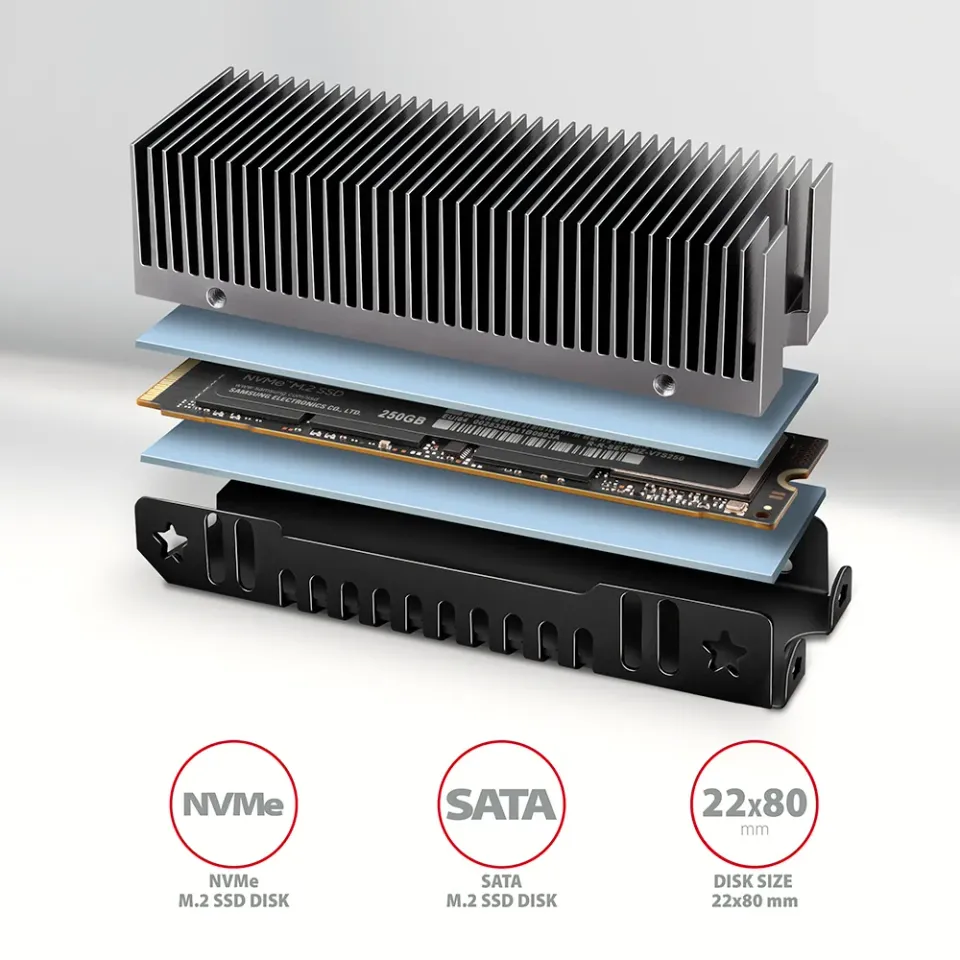 AXAGON CLR-M2XT, hliníkový pasivní chladič pro jedno i oboustranný M.2 SSD disk,