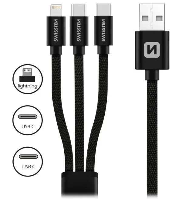 Swissten datový kabel textile 3in1 1,2 m černý (lightning, 2x usb-c)