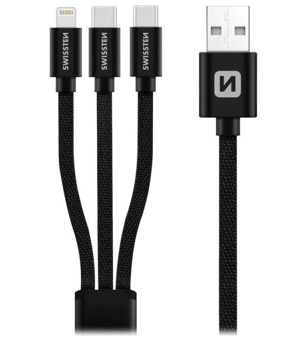 Swissten datový kabel textile 3in1 1,2 m černý (lightning, 2x usb-c)