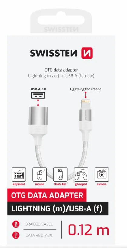 SWISSTEN OTG ADAPTÉR TEXTILE LIGHTNING (samec) / USB-A (samice) 0,12 M ČERNÝ (na