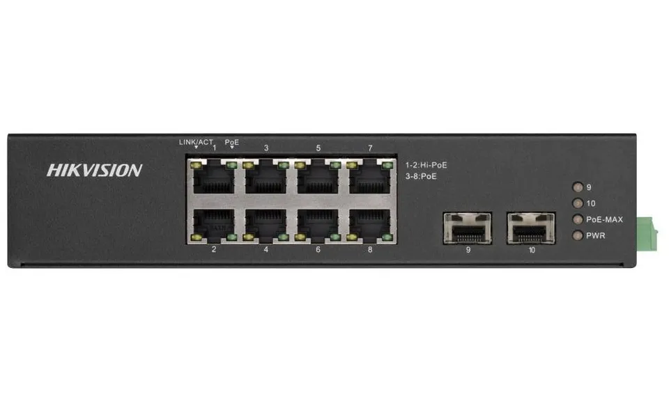 Hikvision DS-3T0510HP-E/HS - Průmyslový switch, 8x Gb PoE (2x Hi-PoE) + 2x Gb SFP, 110W, Super PoE