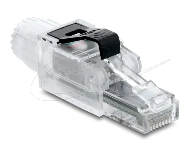 Delock Zástrčka RJ45 pro montáž v terénu, Cat.6A, nestíněná, průhledná / černá