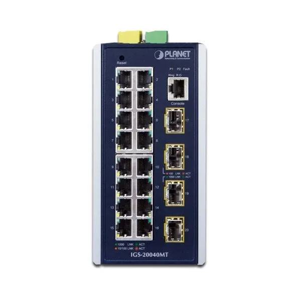 Planet IGS-20040MT L3 switch, 16x1Gb, 4x1Gb SFP, 9-48VDC, -40~75°C, IP30