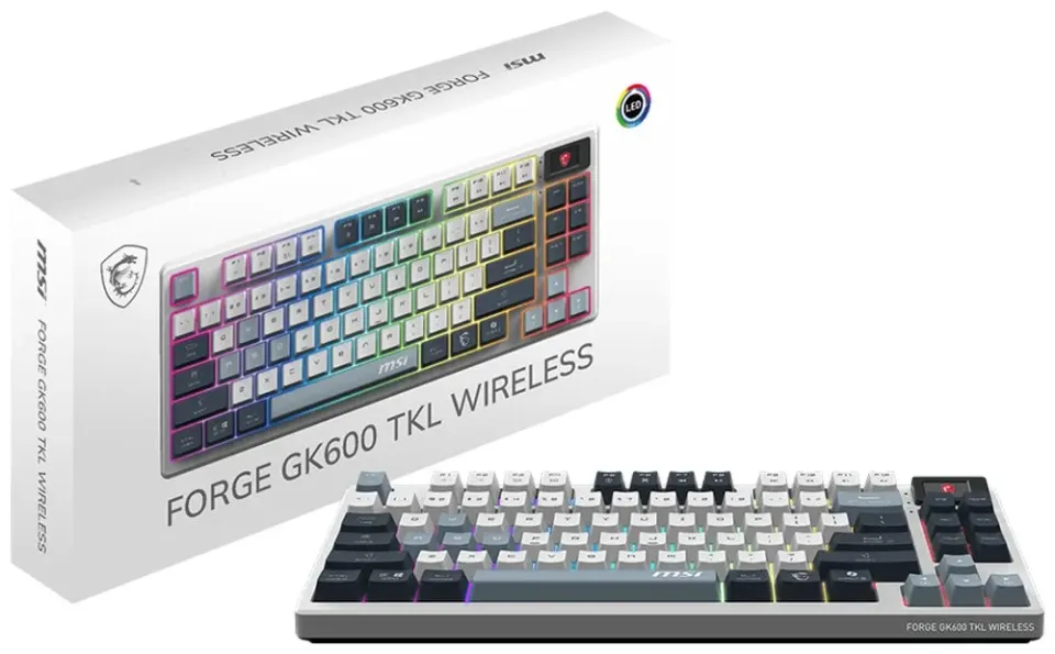 MSI herní klávesnice FORGE GK600 TKL Sky/ bezdrátová 2,4GHz+BT/ mechanická/ RGB/ USB-C/ display/ CZ+SK layout (S11-43CSP01-HH9-VYP)