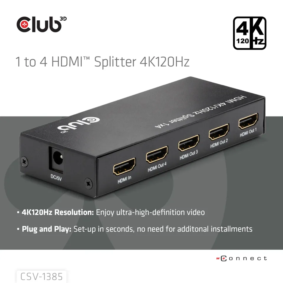Club3D Video rozbočovač 1:4 HDMI 2.0 4K120Hz, 4 porty, černá