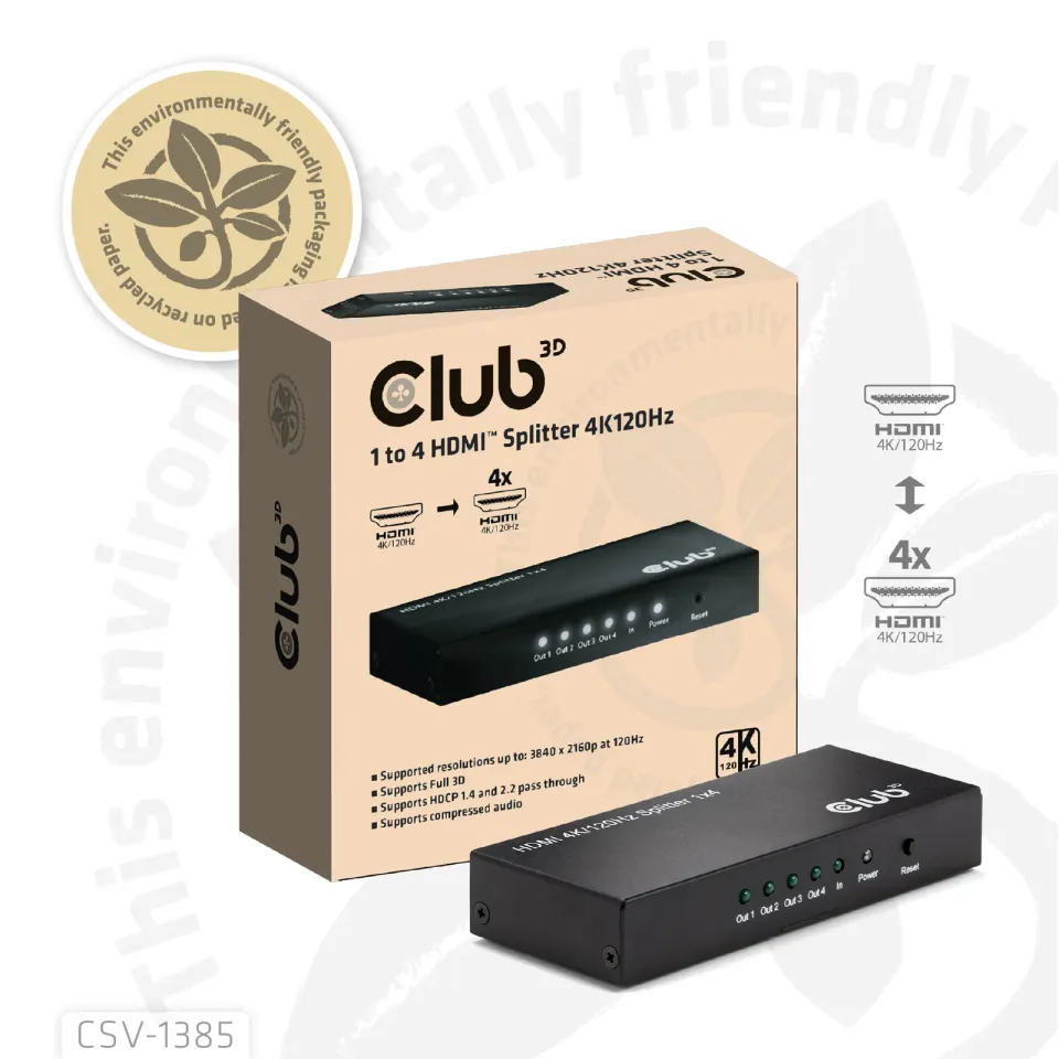 Club3D Video rozbočovač 1:4 HDMI 2.0 4K120Hz, 4 porty, černá