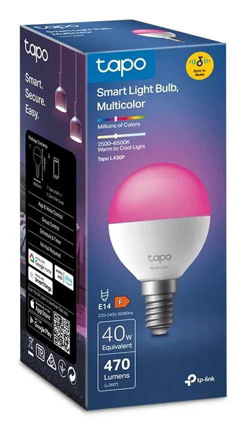 TP-Link Tapo L430P chytrá WiFi stmívatelná LED žárovka (barevná,2500K-6500K,470lm,2,4GHz,E14)