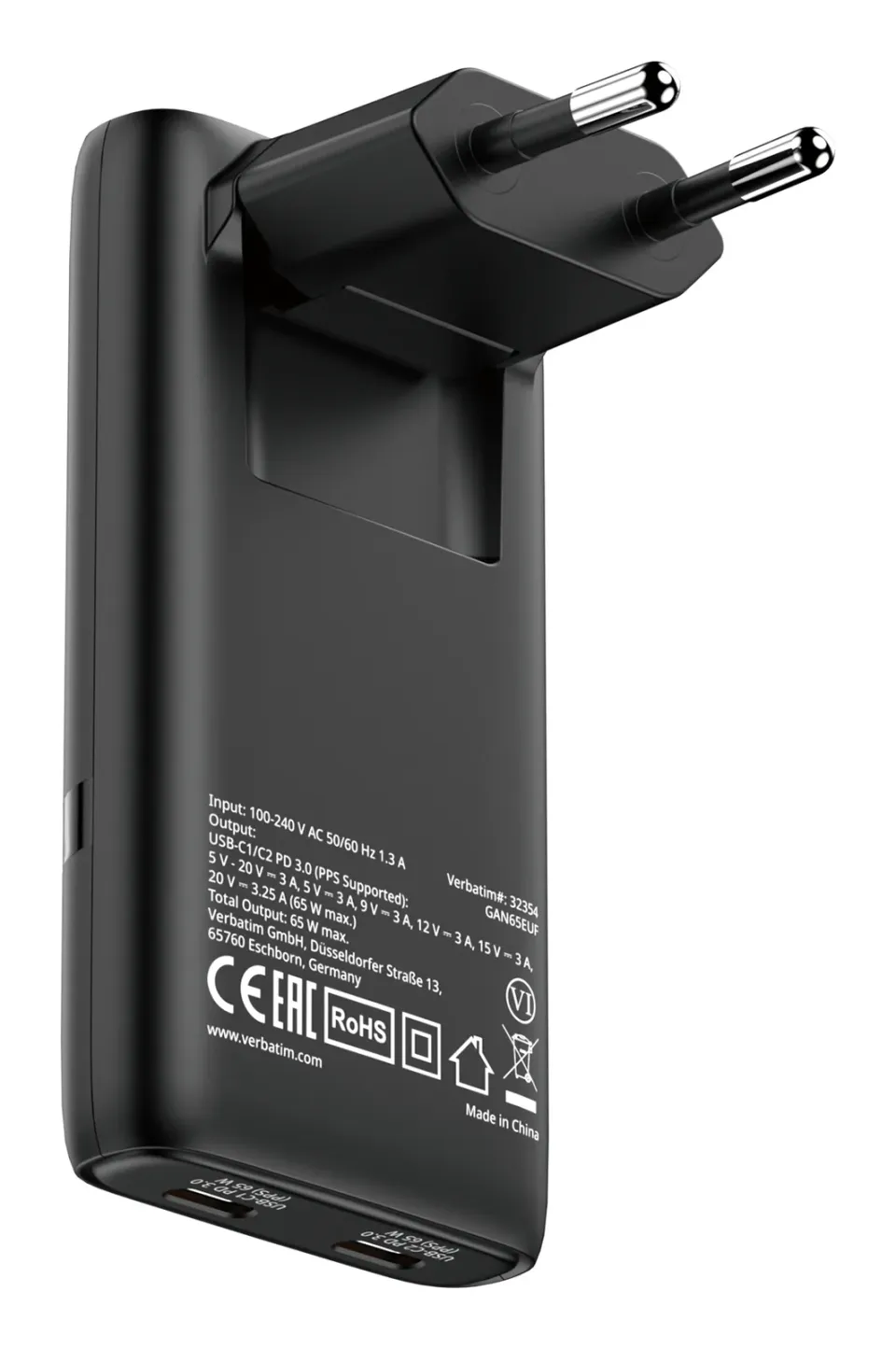VERBATIM GaN Nabíječka Fold 'n' Go 65W, 2xUSB-C, černá