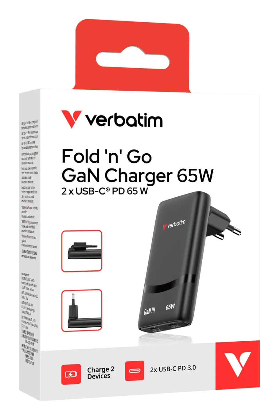 VERBATIM GaN Nabíječka Fold 'n' Go 65W, 2xUSB-C, černá