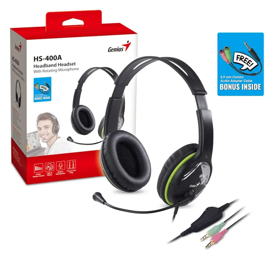 GENIUS headset HS-400A, 2x 3,5 jack, redukce na single jack