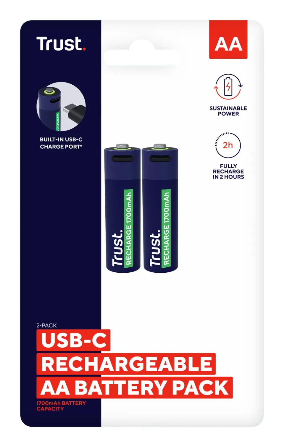 TRUST USB-C RECHARGEABLE BATTERIES 2P - AA