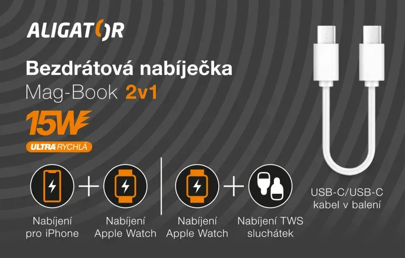 Bezdrátová nabíječka ALIGATOR Mag-Book 2v1, určeno pro MagSafe a nabíjení Apple Watch, 15W, bílá