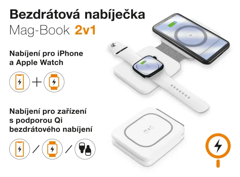 Bezdrátová nabíječka ALIGATOR Mag-Book 2v1, určeno pro MagSafe a nabíjení Apple Watch, 15W, bílá