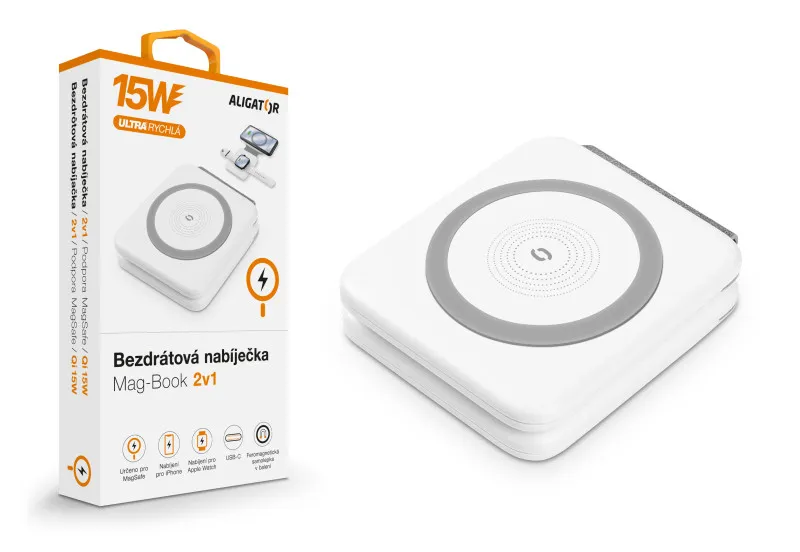 Bezdrátová nabíječka ALIGATOR Mag-Book 2v1, určeno pro MagSafe a nabíjení Apple Watch, 15W, bílá