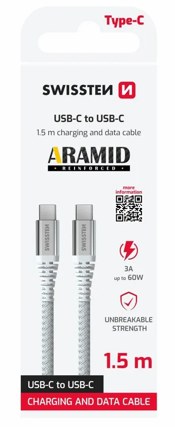 SWISSTEN DATOVÝ KABEL KEVLAR USB-C / USB-C 1,5 M BÍLÝ