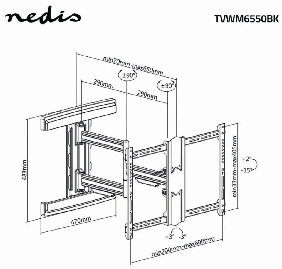 Nedis TVWM6550BK - Full Motion Nástěnný Držák TV | 37–80" | Max. 50 kg | 3 Otočn