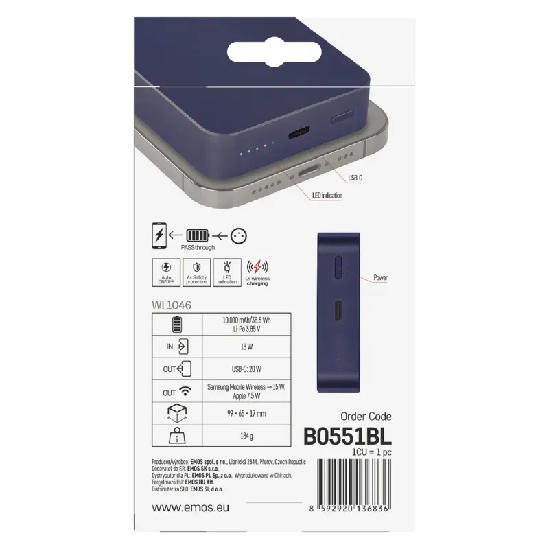 EMOS POWERBANKA WI 1046, bezdrátové nabíjení 20W, 10.000mAh, MODRÁ, 1xUSB-C