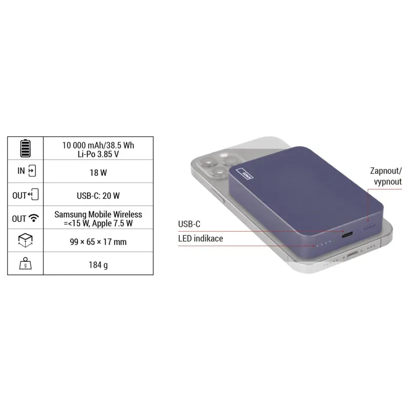 EMOS POWERBANKA WI 1046, bezdrátové nabíjení 20W, 10.000mAh, MODRÁ, 1xUSB-C