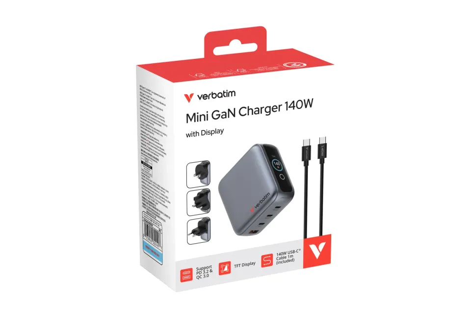 VERBATIM Mini GaN Nabíječka s displejem 140W, 3xUSB-C, 1xUSB-A, šedá