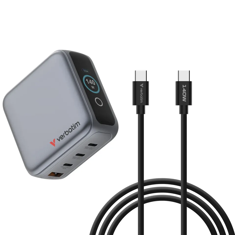 VERBATIM Mini GaN Nabíječka s displejem 140W, 3xUSB-C, 1xUSB-A, šedá