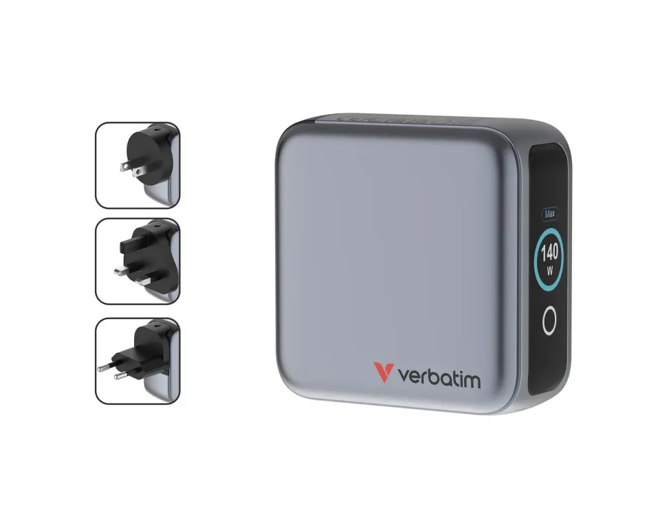 VERBATIM Mini GaN Nabíječka s displejem 140W, 3xUSB-C, 1xUSB-A, šedá