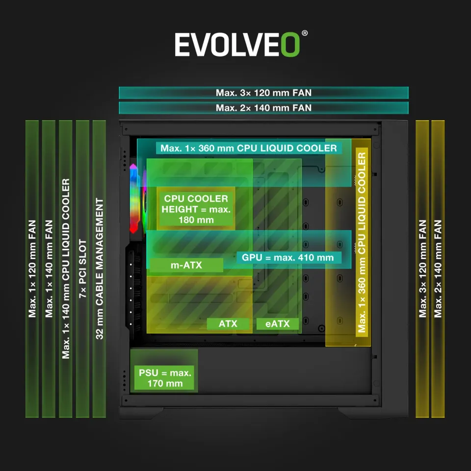 EVOLVEO Rhino, skříň eATX/ATX, 4x ARGB ventilátor 120mm, boční panel temperované