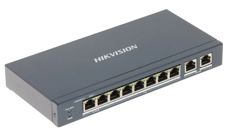 Hikvision DS-3E1310HP-EI - Smart switch 8x 100Mbps PoE (2x Hi-PoE) + 2x Gb; 110W; dosah až 300m; IP40