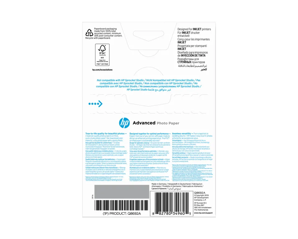 HP (Q8692A) Advanced Glossy Photo Paper 10x15cm, 100ks, 250 g/m2