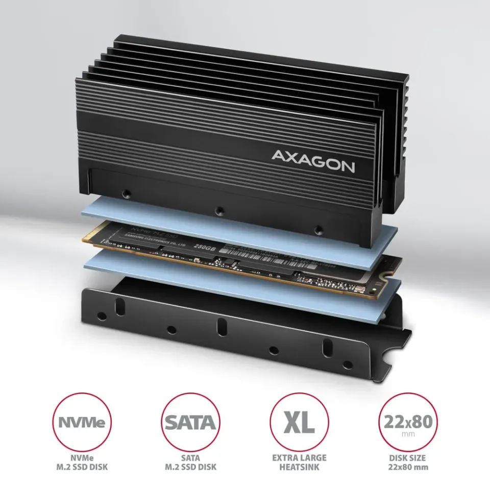 AXAGON CLR-M2XL, hliníkový pasivní chladič pro oboustranný M.2 SSD disk, výška 3
