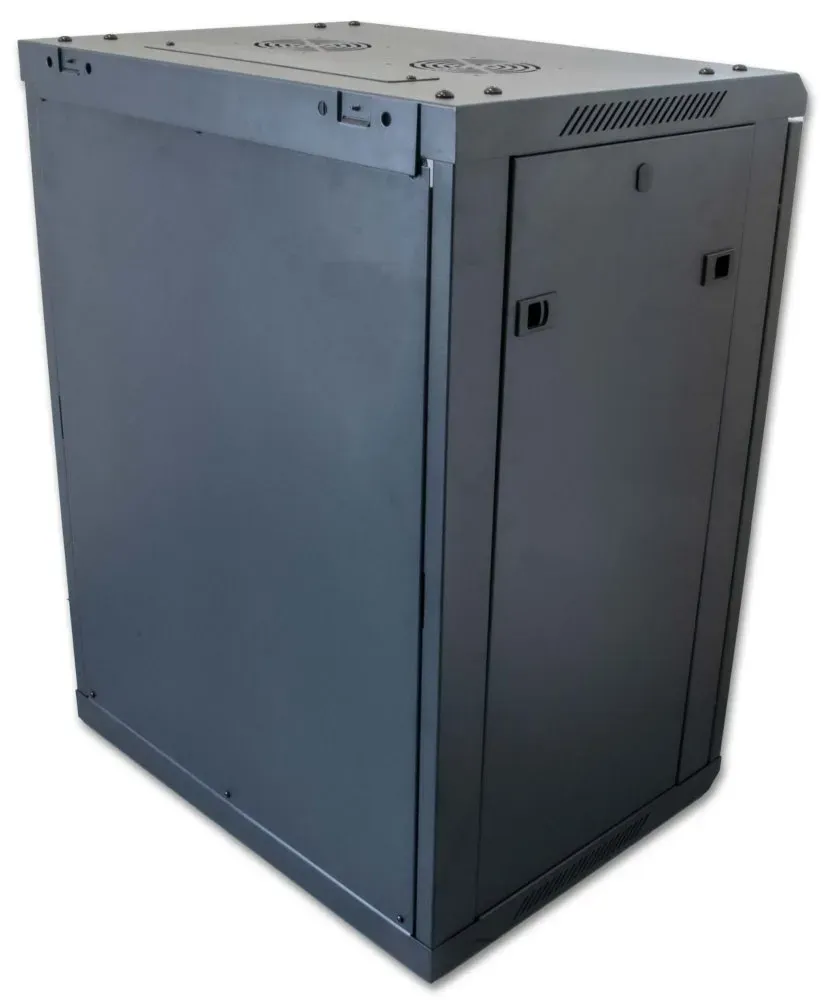 XtendLan 19" nástěnný rozvaděč 18U 600x450, nosnost 60 kg, skleněné kouřové dveře, rozložený, černý