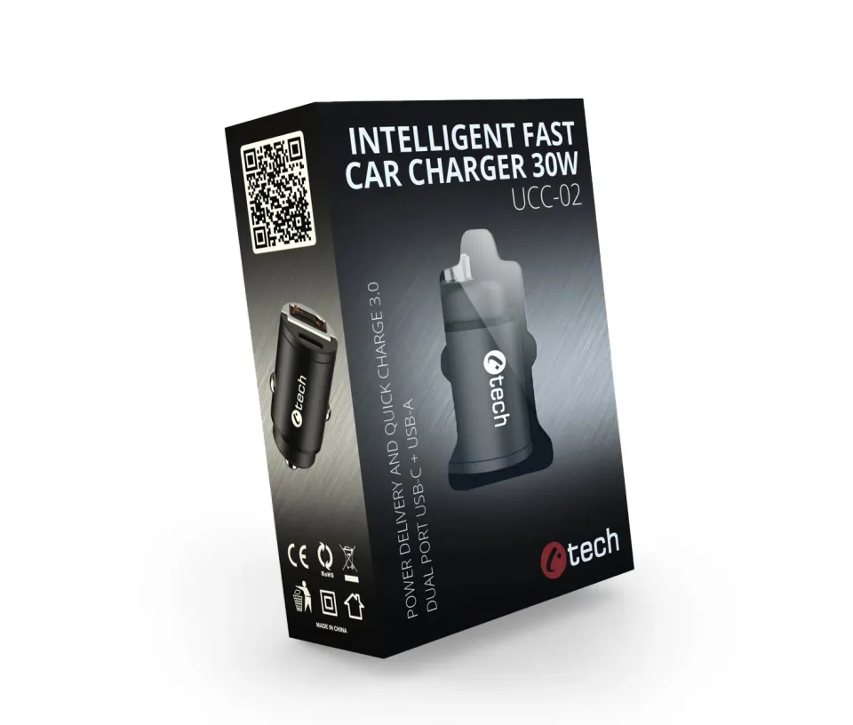 C-TECH Nabíječka USB do auta, 1x Type C + 1 x Type A, 30W, Power delivery 3.0, Q