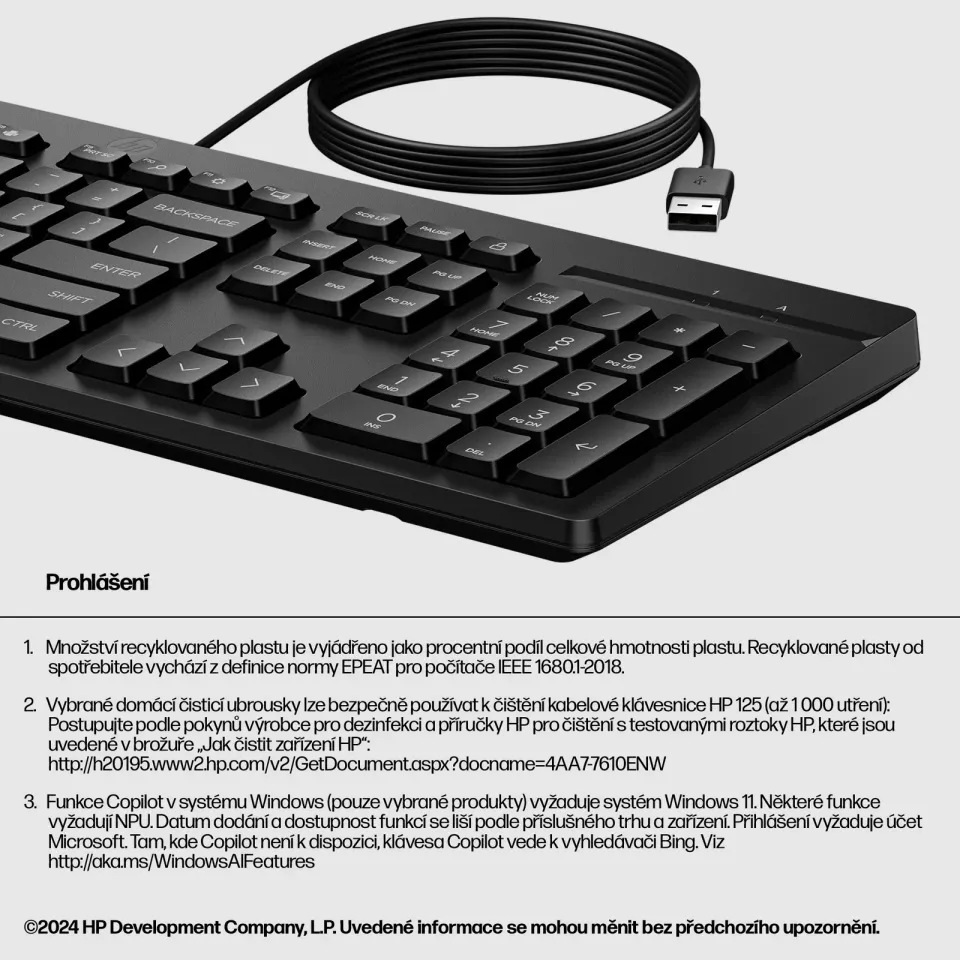 HP 125 G2 Wired USB Keyboard - CZ/SK