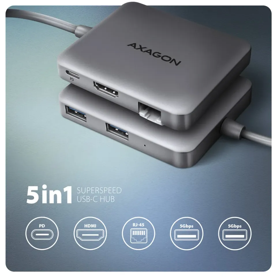 AXAGON HMC-5HL USB 5Gbps hub, 2x USB-A, HDMI 4k/60Hz, RJ-45 GLAN, PD 100W, kabel