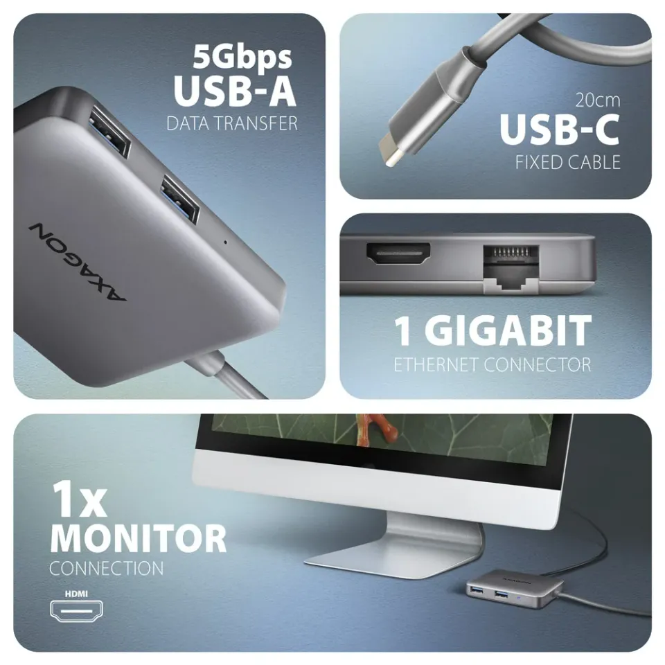 AXAGON HMC-5HL USB 5Gbps hub, 2x USB-A, HDMI 4k/60Hz, RJ-45 GLAN, PD 100W, kabel