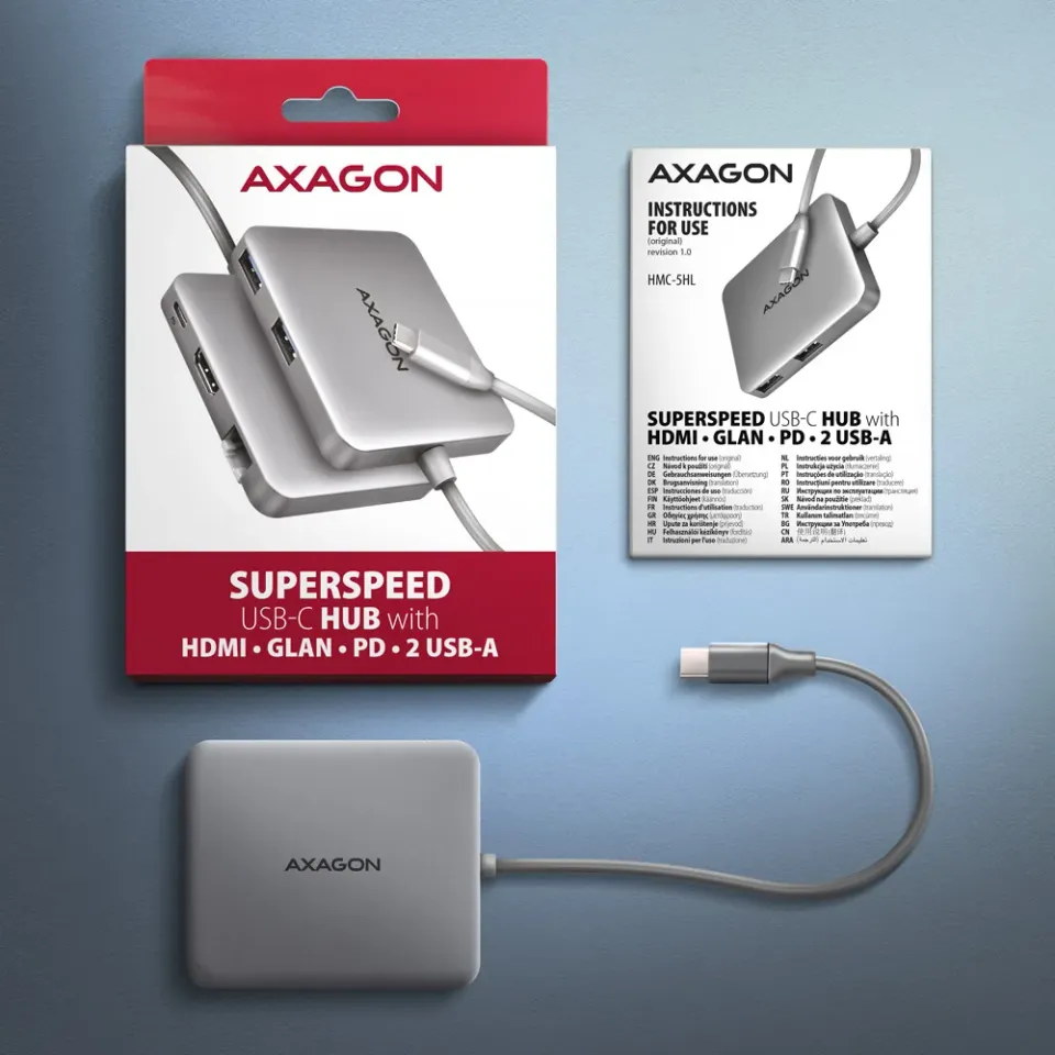 AXAGON HMC-5HL USB 5Gbps hub, 2x USB-A, HDMI 4k/60Hz, RJ-45 GLAN, PD 100W, kabel