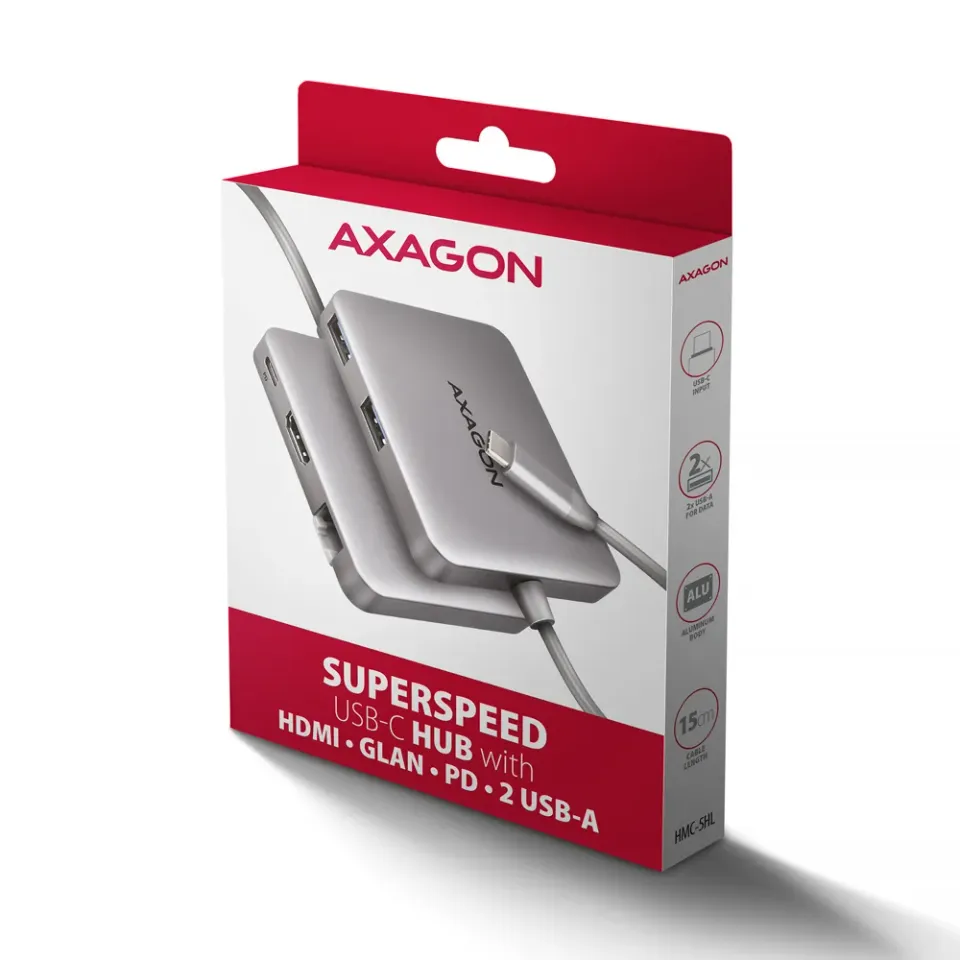 AXAGON HMC-5HL USB 5Gbps hub, 2x USB-A, HDMI 4k/60Hz, RJ-45 GLAN, PD 100W, kabel