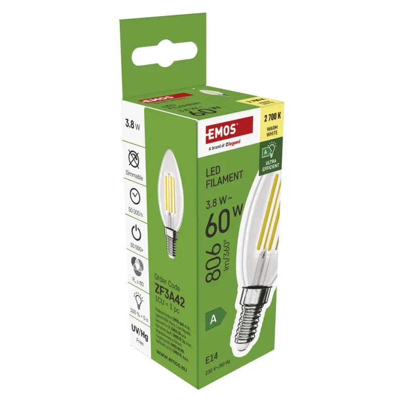 EMOS LED FLM CANDLE 3,8W(60W) 806lm E14 WW A CLASS