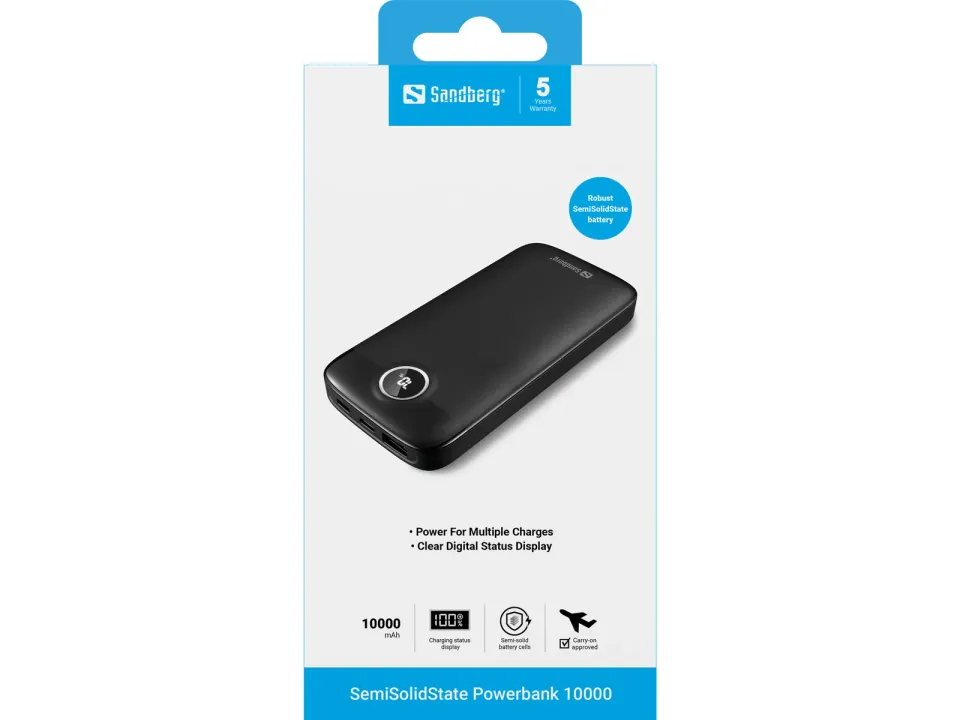 Sandberg SemiSolidState Powerbank 10000 mAh PD20W, kompaktní powerbanka, černá