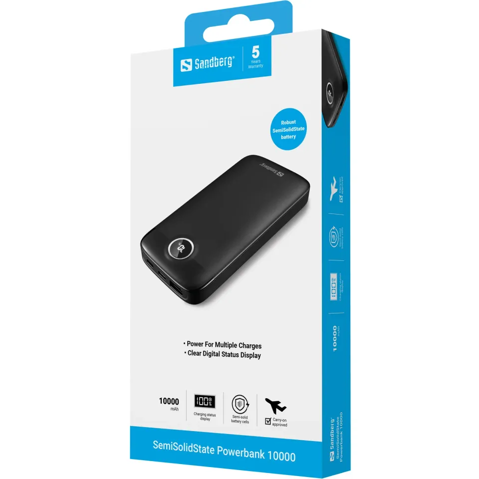 Sandberg SemiSolidState Powerbank 10000 mAh PD20W, kompaktní powerbanka, černá